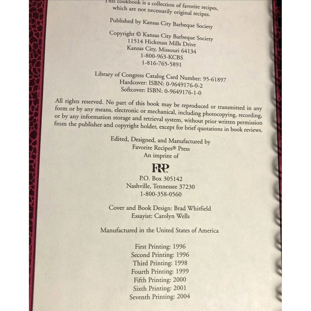 The Kansas City Barbeque Society Cookbook Hardcover Ring Bound 1996